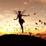 3d rendering of a fairy on a tree trunk on the sky of a sunset or sunrise surrounded by flock butterflies